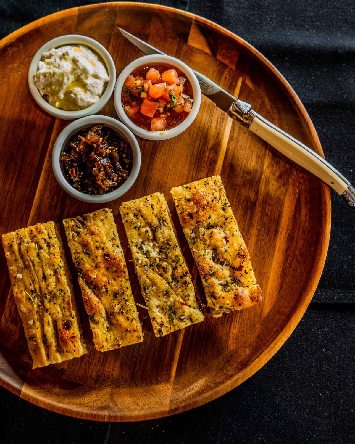 Focaccia with ricotta, salsa, and onion jam